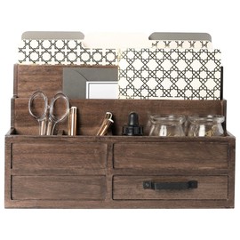 BLU MONACO Brown Wood Mail Organizer with Drawer & Pen Holder – Desk Organizer for Bills, Storage, Countertop & Kitchen