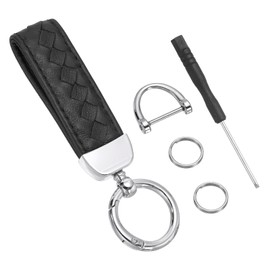PATIKIL Leather Car Keychain, Genuine Key Chain Holder Universal Decorative 360 Degree Rotatable Key Fob with Silver Tone Anti-Lost D-Ring and Screwdriver for Men and Women, Black