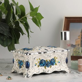 Hipiwe Vintage Metal Jewelry Box Luxury Rectangular Trinket Organizer Storage Box with Rose Pattern Decorative box Ornate Treasure Chest Box Keepsake Gift Box Case for Ladies Girls