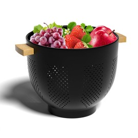 Food Strainer Basket - 5.5 Quart Metal Colander with Wood Handle - Strainers and Colanders for Draining Pasta, Vegetables, and Fruits, Fun Kitchen Gadgets