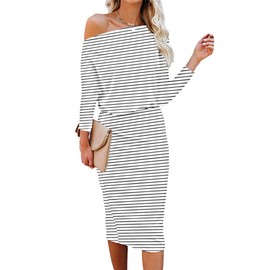 Women's Long Sleeve Bodycon Midi Dresses Off Shoulder Wedding Guest Rib Knit Cocktail Dress Casual Party Loose Date Night Outfit Striped White Dress S
