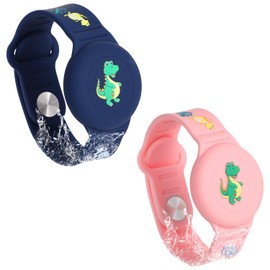 2st Armband für Airtag Kinder, Dinosaurier Cartoon Muster für Airtag Armband Silikon Kleinkinder Ältere Menschen für Airtag Hülle Kinder zum Verstecken des GPS Trackers (Mitternachtsblau, Rosa)