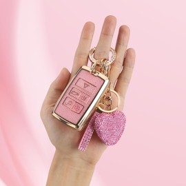 Meruns Compatible with Range Rover key fob cover with Keychain, Car Accessories for Jaguar XE XJ XF for Land Rover Sport, Velar, Evoque, Defender, Discovery, Gold Pink