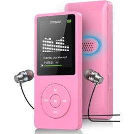 64GB MP3 Music Player with FM Radio and Voice Recorder, Ultra Slim Music Player with Video Play Text Reading and Build-in Speaker Support up to 128GB, Earphone and Storage Case Included - Pink