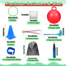 58PCS Carnival Outdoor Games Combo Set,Hopper Balls with Handle,Egg Spoon Relay Race,Soft Plastic Cones Bean Bags Ring Toss Game,3 Legged Race for Family Reunion Outside Field Day Easter Games