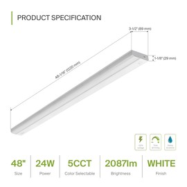 ASD 48 Inch LED Under Cabinet Lighting Hardwired, On/Off Switch, 5 Color Selectable 2700K/3000K/3500K/4000K/5000K CRI90+, Undercabinet Lights for Kitchen, 24W 120V, Dimmable, UL Certified White Finish