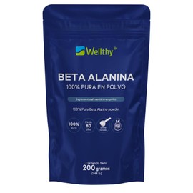 Wellthy 100% Beta Alanina 200g. Presentación en Polvo, 2.5g por Porción, Cuchara Medidora Incluída dentro del empaque, 80 Porciones por Envase, casi 3 Meses de Consumo, Bottle Free