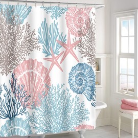 MAYZUS Nautical Coastal Shower Curtain 60x72, Blue Pink Beach Ocean Theme Shower Curtain for Bathroom Decor, Summer Tropical Seashell Starfish Coral Fabric Shower Curtain Set with Hooks