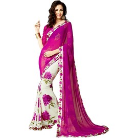 MAHEK - Sari indio para mujer, diseño de flores de Georgette con borde y pieza de blusa, Rosa, Talla única