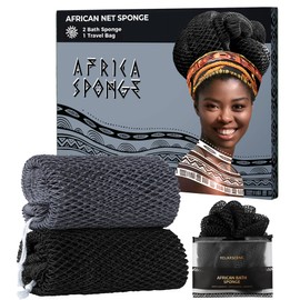 African Exfoliating Net Sponge Black - 2 Pieces Real African Loofah Shower Sponges - Body Scrubber Exfoliating Washcloth Black & Slate - Africa Bath Sponges for Back Scrubber Shower Accessories