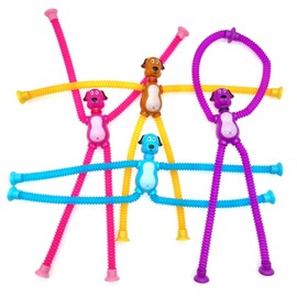 JZK 4x Cartoon dog pop tube toy, sensory fidget toy for little kids aged 2 3 4 5 6 years, small suction cup animal stretchy toy with flexible limbs