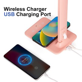 Wanjiaone Desk Lamp with Wireless Charger, Table Lamp with Clock, USB Charging Port, Phone Holder, Desk Lamps for Home Office, Eye-Caring Reading Lamp, Study Lamp for Boys, Girls, Teens, Pink