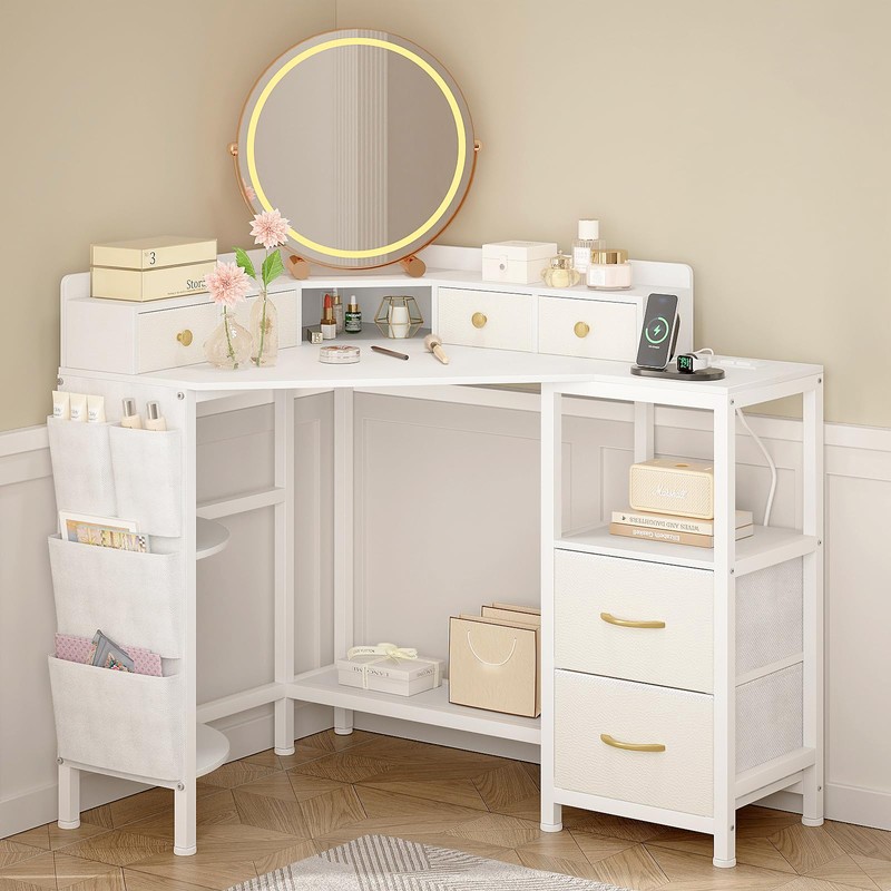 Corner Vanity Desk with Charging Station, Makeup Table with Drawers