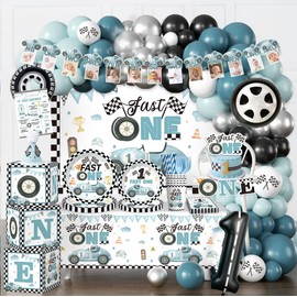 Fexivo 256pcs Fast One Birthday Decorations for Boys, All-in-1 Supplies Pack with 20pcs Vintage Race Car and Car Themed Plates, Napkins, 2pcs Tablecloth for Fast One Birthday Decorations