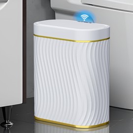 steo spce Bathroom Small Trash Can with Automatic Touchless Lid, 2.6 Gallon Smart Garbage Can Narrow Waterproof Trash Bin for Bedroom, Office, Living Room (Glod White)