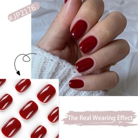 24 pcs Short Square False Nails Red, Press on Nails in 12 Sizes, Fake Nails with Glue, Full Cover Stick on Nail Natural Fit for Daily Wear