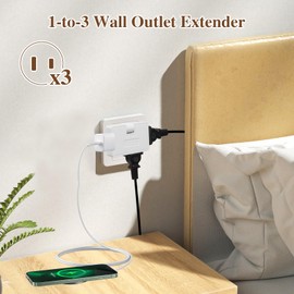 3 Way Flat Wall Outlet Extender Adapter- 4 Pack 180 Degrees Rotatable Flat Plug AC Adapter, 2 Prong Foldable Swivel Outlet Extender, Outlet Splitter for Behind Furniture (White, Type A)