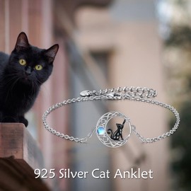 VONALA Moontone Moon Cat Anklet for Women Sterling Silver Black Cat Jewelry Celtic Moon Cat Gifts for Cat Lover