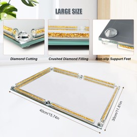 Large Gold Mirror Perfume Tray, Crushed Diamond Glass Vanity Tray, Decorative Crystal Organizer for Dresser, Bathroom, Party, Wedding, Home & Hotel (15.7x11.8x1.4 inch)