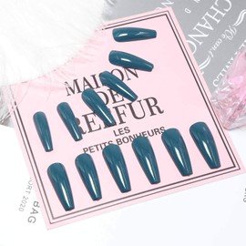 Allereya Super Long Coffin False Nails Ballerina Green Press On Nails Prom Party Clip On Nails Super Long Full Cover Acrylic Nails Art for Women and Girls Pack of 24 (Green)