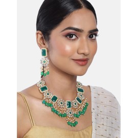Aheli Faux Kundan Pearl Necklace with Earrings Maang Tikka Indian Traditional Bollywood Jewelry Set Gift for Women Green