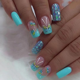 24pcs Square Press on Nails Medium Fake Nails Glossy Glue on Nails Blue Green with Butterfly Nail Sequin Design False Nails Acrylic Full Cover Stick on Nail for Women Manicure