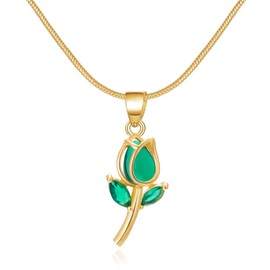 IMINI Elegant Tulip Flower Small Pendant Necklace for Women Girls Dainty Green Crystal Leaves Charm Dangling Choker Adjustable Link Chain Delicate Floral Jewelry for Party Wedding (Green)