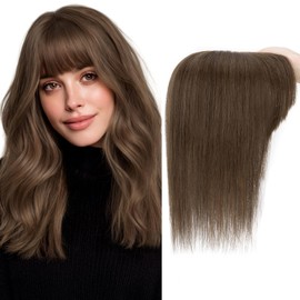 Charites Hair Toppers for Women Real Human Hair 8 Inch Long Straight Toppers for Women with Thinning 7 * 13CM Silk Base Clip in Hairpieces with Bangs (Chocolate Brown)