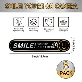 8PCS Smile You're On Camera Sticker for Car, Self Adhesive Brushed Silver Durable Video Surveillance Sign Sticker, Security Camera Sign for Home, Business, Cars and Window 5''x1''