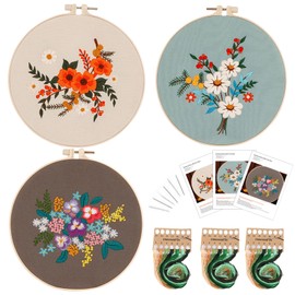 Traziewell Embroidery Hoop Kit Beginner Cross Stitch Kit 3 Sets Embroidery Starter Kit for Beginners with Flowers Patterns and Instructions Include Embroidery Fabric Bamboo Hoops Threads Needle 1911