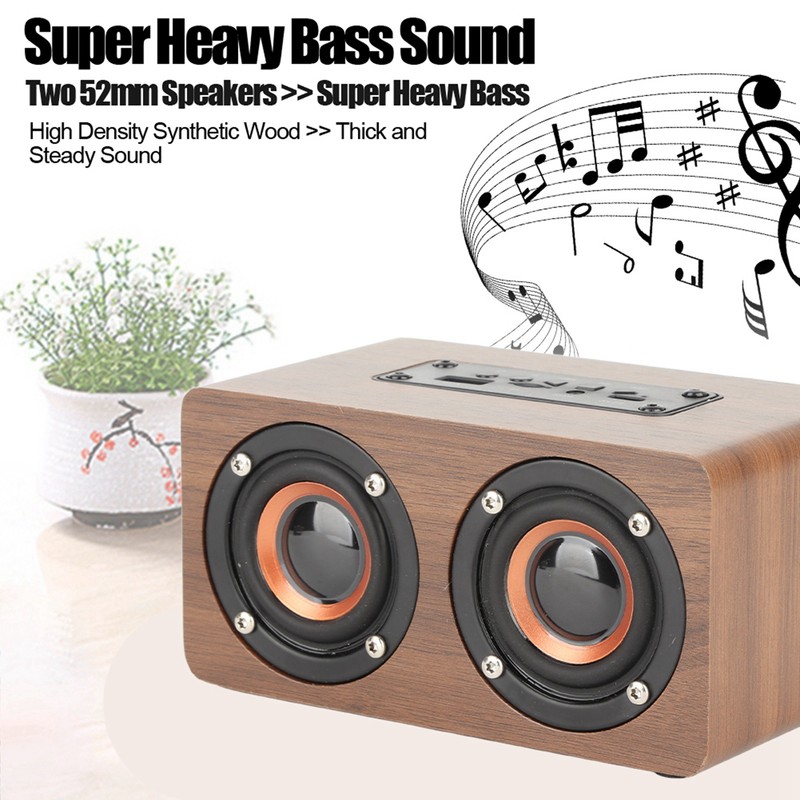 Wood Bluetooth Speaker Subwoofer FM Radio HiFi Music Clock Alarm