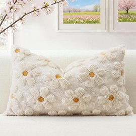 OTOSTAR Flowers Throw Pillow Cover Set of 1 Spring Summer Cushion Cover for Sofa 12x20 Inch Lumbar Soft Plush Short Wool Velvet Pillowcase Seasonal Holiday Decor Cream Beige