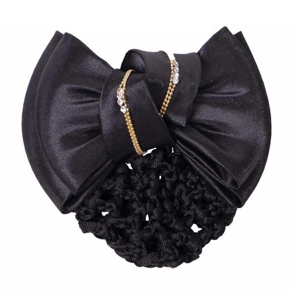 QHP Hair Bow Golden with Net Satin Bow Rhinestones (Black),