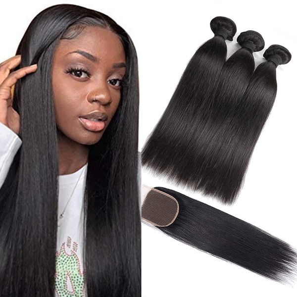 Brazilian Straight Hair With Closure 100% Unprocessed Remy Human Hair 3 Bundles 4x4cm Lace Closure Natural Color (24 26 28+20)
