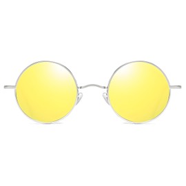 LHSDMOAT Retro Round Polarised UV400 Sunglasses 60s/70s Men Women - Lennon Style, Hippie & Carnival Design for Driving & Travel, Silver/Gold