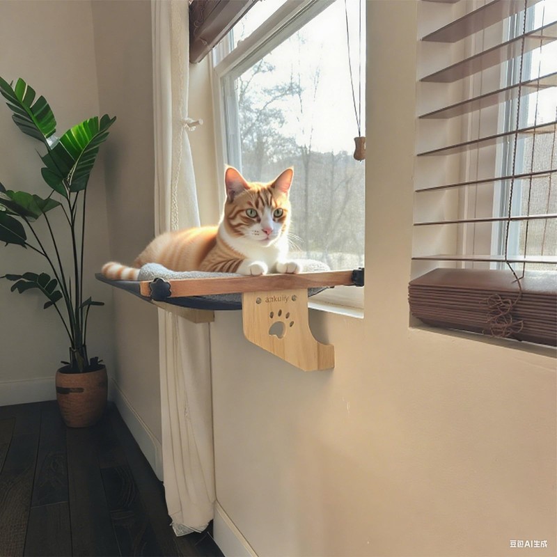 Cat Window Perch - Drill-Free Adjustable Sill Hammock, Sturdy Wood