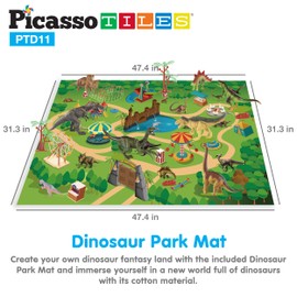 PicassoTiles Dinosaur Play Mat Toys 32pc Dino Playset STEM Activity Learning Kit STEAM Toy with Educational Book, 21 Action Figures T-Rex, Triceratops, Velociraptor, Trees, Rocks for Kids 3+ PTD11