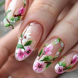 24 Pcs Pink Flower Press on Nails Medium Almond Floral Fake Nails with Designs Peach Blossom False Nails Full Cover Stick on Nails Spring Summer Floral Acrylic Nails for Women Girl Nail Decoration