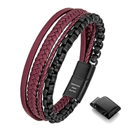 murtoo Mens Bracelet Leather Bracelet for Men Brown Black Leather with Stainless Steel Chain Bracelet Bracelet for Men Gift (Black Red, 7.5'')
