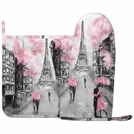 Mxocom Paris City Silicone Oven Mitts and Pot Holders Sets France Eiffel Tower Couple Under an Umbrella BBQ Gloves for Kitchen,Cooking,Baking,Grilling