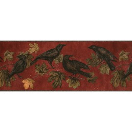 CONCORD WALLCOVERINGS ™ Wallpaper Border Country Pattern Tree Branches Leaves Crows for Cottage Farmhouse Living Room, Burgundy Brown Black, 15 ft by 9 in WL5685B