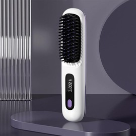 S7 Portable Cordless Hair Straightening Brush with LED Display - Lightweight Mini Negative Ion Hot Brush, USB Comb Straightener Wireless Straightener Anti-Scald Dual hot air wavy  iron rpm high wavy  talk - Color: White
