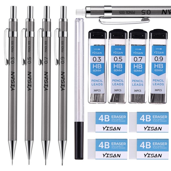 YISAN 70726 Metal Mechanical Pencils Set, Mechanical Pencils HB 0.3