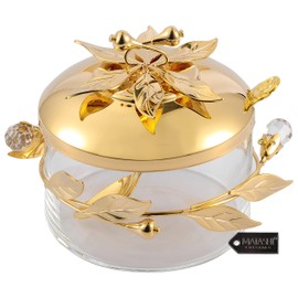 Matashi 24K Gold Plated Sugar Bowl, Honey Dish, Candy Glass Bowl - Flower and Vine Design w/Spoon Great Gifts idea for Mother's Day, Birthday, Anniversary
