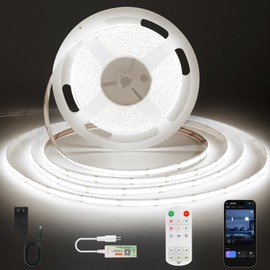 ACELUMO COB LED Strip, Cool White, LED Strip, Dimmable with Smart App and Remote Control, Timer Function, 8 mm Width, LED Strip 5 m for Bedroom, Wall, Kitchen, Living Room, 6000 K
