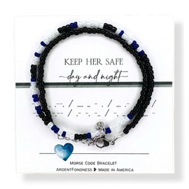 Keep Her Safe Day And Night Morse Code Beaded Wrap Bracelet for Law Enforcement Mother, Unique Gift for Mom Wife Girlfriend Grandma Sister Best Friend Prayer Stay Safe Police Cop