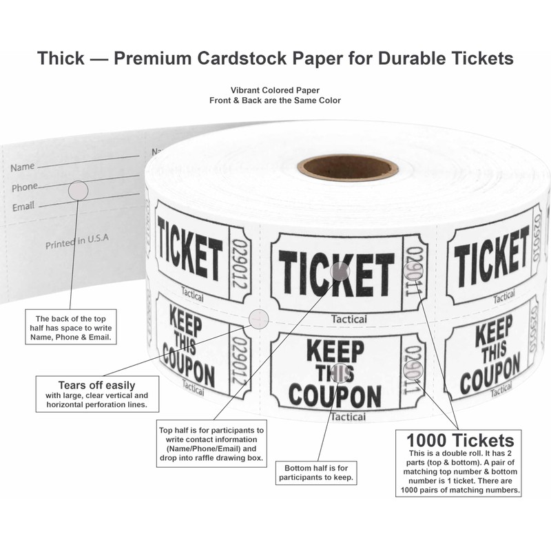 1000 Tacticai Raffle Tickets, White (8 Color Selection), Double Roll,