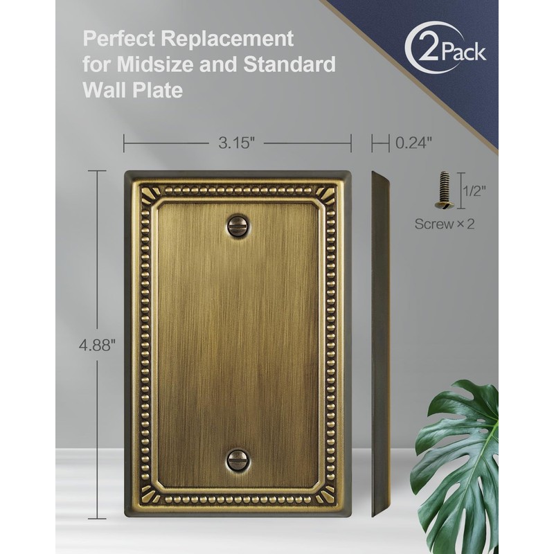 ZILLSEA 2-Pack Antique Brass Blank Wall Plates, No Device Blank
