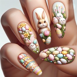 Long Press on Nails Almond Shape Easter Rabbit Fake Nails Cartoon Cute Rabbit Painted Egg False Nails Artificial Glue on Nails Long Length Colored Easter Day Acrylic Nails for Women