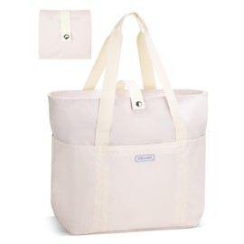 HXLGMD Tote Bag for Women, Foldable Nylon Tote Bag With Zipper Large Shoulder Bag Top Handle Handbag for Travel, Work, College (Beige)